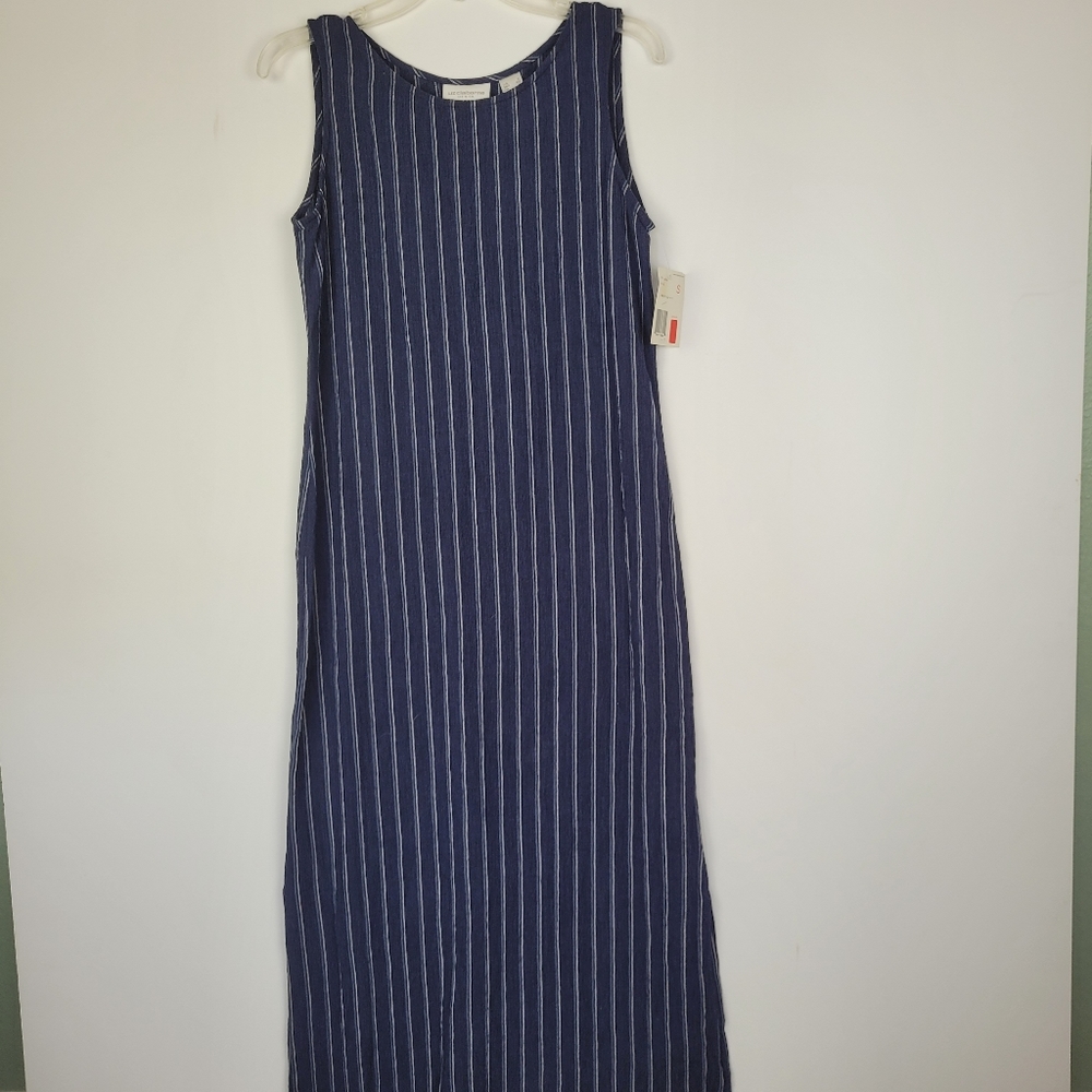 NWT LIZ & CO Gauze Shift Maxi Dress Navy White Stripe Size S Preppy Nautical
